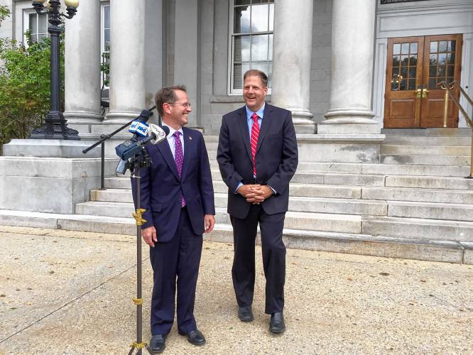 Former gubernatorial rivals Frank Edelblut and Chris Sununu vowed to work together after the latter won a tight race to become the Republican party's nominee in 2016. A few months later, after becoming governor, Sununu nominated Edelblut to serve as his education commissioner. (New Hampshire Public Radio - Casey McDermott)
