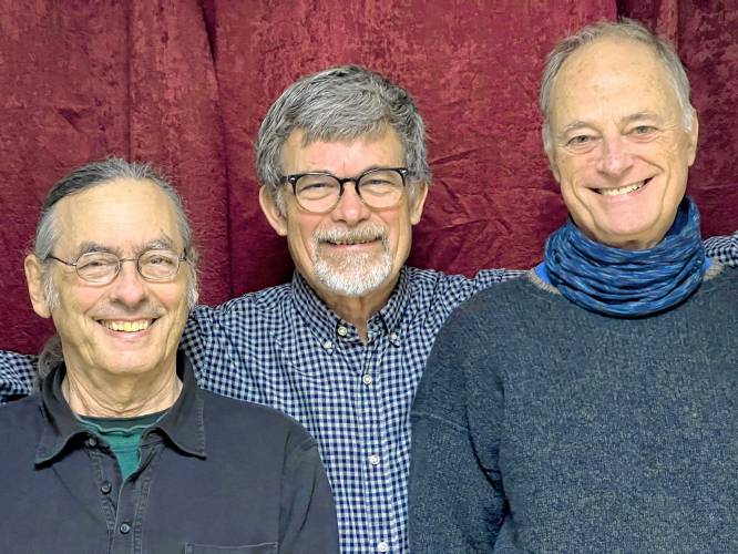 From left, longtime friends and Upper Valley creatives Michael Zerphy, Marv Klassen-Landis and Ham Gillett have teamed up to offer creative play workshops for older adults at the Thompson Senior Center and Norman Williams Public Library in Woodstock. Courtesy photo