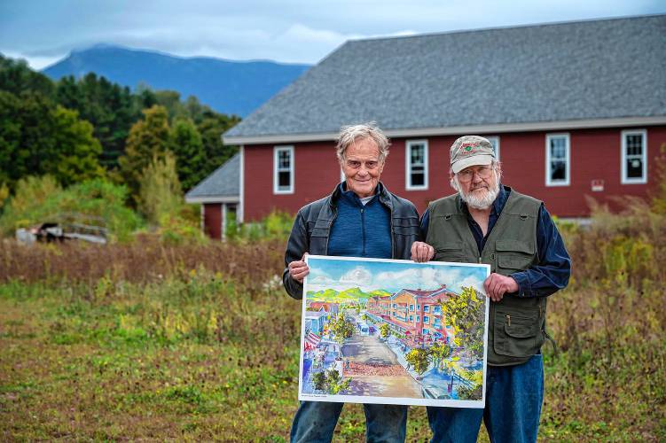 Bill Butler, left, and Michael Oman hope to establish Wisdom House, a walkable and multi-faceted multigenerational housing project in the Riverside section of Jericho, Vt. Seen on Monday, Sept. 23, 2024. (VtDigger - Glenn Russell)