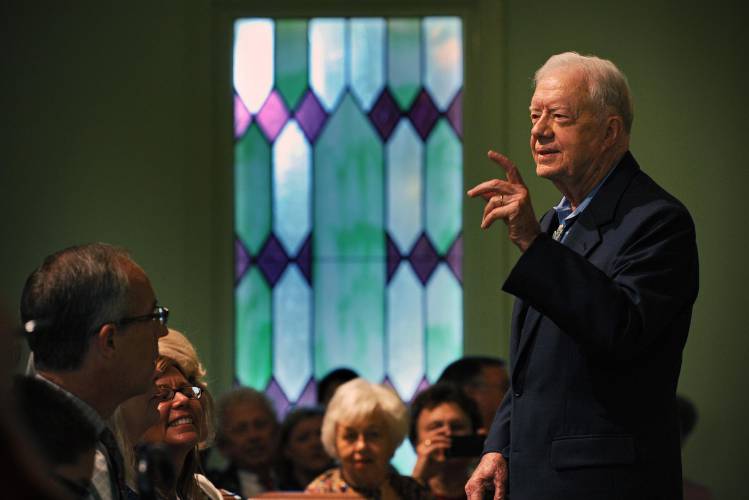 Former president Jimmy Carter addresses members and visitors to Maranatha Baptist Church on Oct. 10, 2010, in Plains, Georgia. MUST CREDIT: Bill O'Leary/The Washington Post