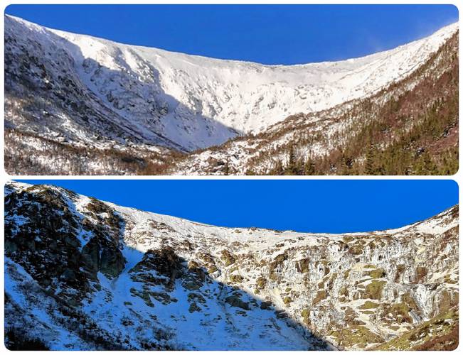 The Dec. 18-19, 2023, rain-on-snow event drastically altered the snowpack at Tuckerman Ravine. The top photo is before the storm and the bottom shows what was left of the snow in the immediate wake of the weather event. (Photos courtesy of Eli Hanschka)