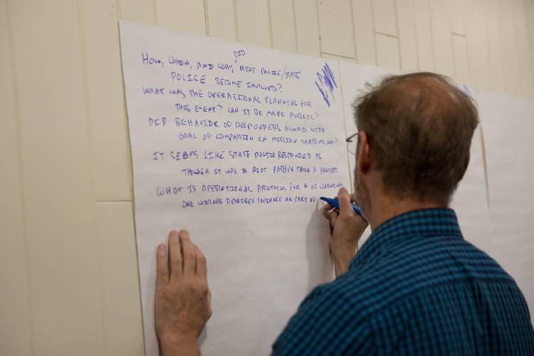 Adult services librarian Jared Jemisch takes notes during a small group breakout discussion during a listening session held by the Hanover Selectboard at the Howe Library in Hanover, N.H., on Tuesday, Aug. 20, 2024. Participants in several of the group discussions wanted more information about the timeline of events on May 1, including when and why state police were involved, and asked what information the public has a right to access. (Valley News - Alex Driehaus) Copyright Valley News. May not be reprinted or used online without permission. Send requests to permission@vnews.com.