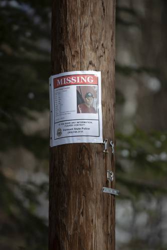 A missing poster hangs on a utility pole on Old Post Road in Bradford, Vt., on Wednesday, Feb. 5, 2025. Corey Crooker, 43, was last seen by his family members on January 9 and last heard from five days later. (Valley News - Alex Driehaus)