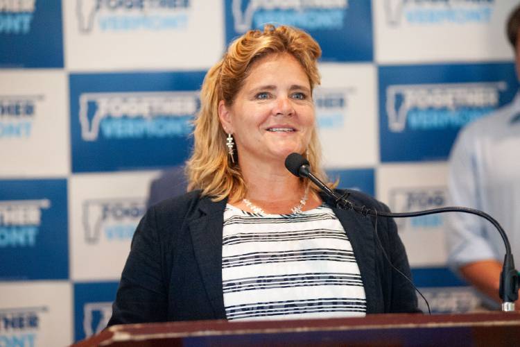 Secretary of State Sarah Copeland Hanzas at a news conference in Montpelier, Vt., on Aug. 30, 2022. (VtDigger - Natalie Williams)
