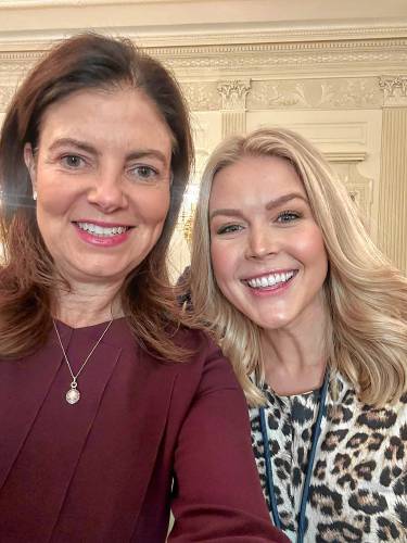 New Hampshire Gov. Kelly Ayotte takes a selfie with White House Press Secretary Karoline Leavitt, posted on Ayotte's X feed on Feb. 21, 2025. Ayotte attended the National Governors Association meeting in Washington D.C. on February 20-22. Leavitt was the GOP nominee for New Hampshire's First District Congressional seat in 2022.