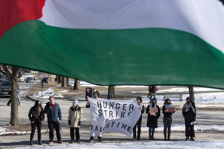 Eight Dartmouth College students declared the start of a hunger strike in solidarity with Palestinians in Gaza during a rally at noon in front of Parkhurst Hall in Hanover, N.H., Feb. 19, 2024. Among their demands of the college administration are dropping charges against two students were arrested while protesting on the Parkhurst Hall lawn in October, 