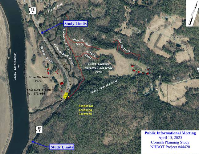 A map shows the proposed location of a crosswalk over Route 12A near the Saint-Gaudens National Historic Park in Cornish, N.H. (Courtesy NH Department of Transportation)