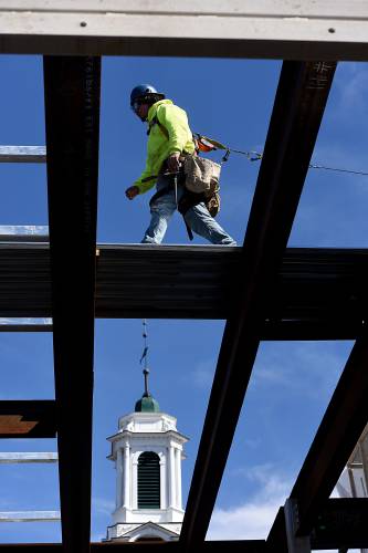 Work continues on Lebanon's new fire station, under construction in downtown Lebanon, N.H., on Tuesday, March 18, 2025. It expected to be completed and ready for operation by January. (Valley News - Jennifer Hauck)