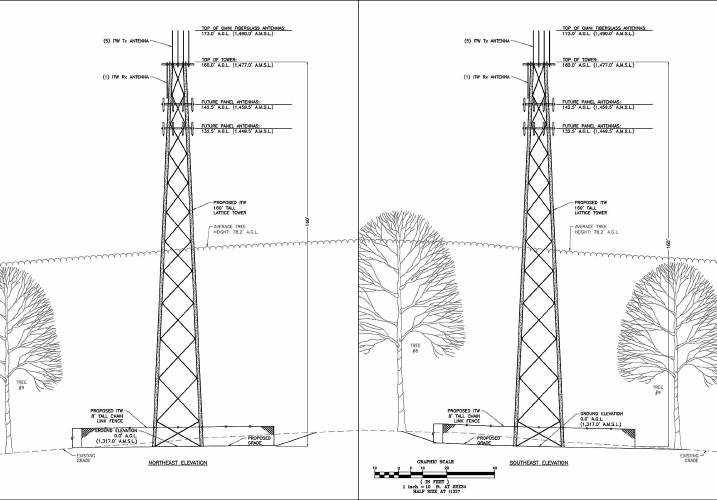 Drawings show a proposed 160-foot cell tower off Town Farm Hill Road in Hartland, Vt., relative to the tree line. (Courtesy DuBois & King Inc.)