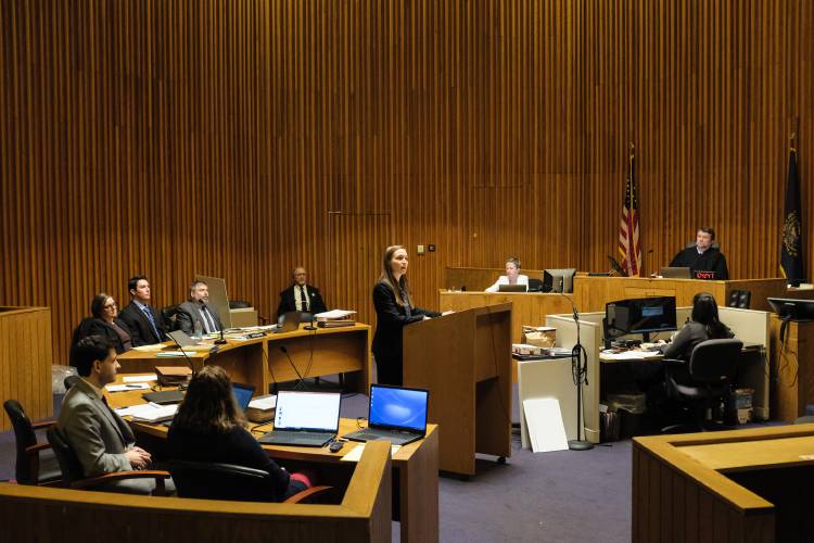 Assistant Grafton County Attorney Amanda Jacobson, center, makes her opening argument to the jury as the trial of Dartmouth alumnus Kyle Clampitt on 12 charges of aggravated felonious sexual assault begins in Grafton Superior Court in North Haverhill, N.H., on Friday, Jan. 24, 2025. (Valley News - James M. Patterson)