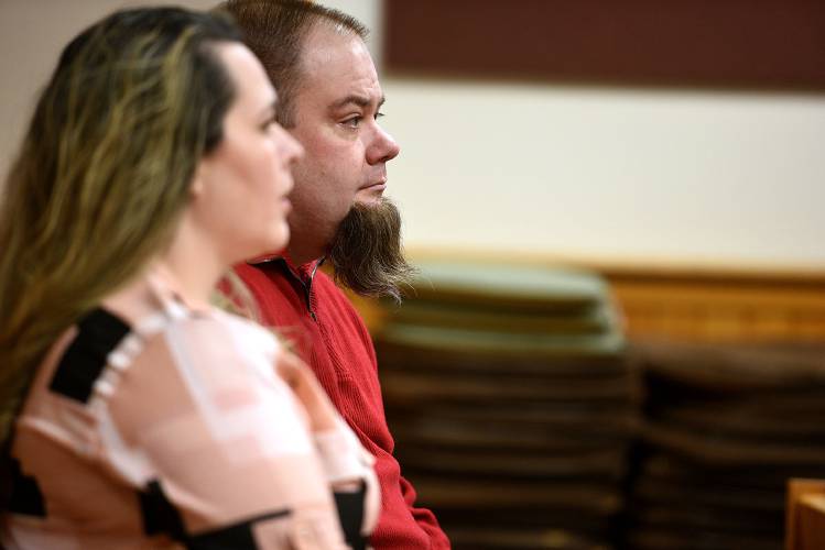 Andrea Beard sits with her husband, former Newport school board member Tim Beard, before his arraignment in Windsor Superior Court on Tuesday, Jan. 30, 2024, in White River Junction, Vt. Tim Beard was arraigned on one count of sexual exploitation with a minor. (Valley News - Jennifer Hauck) Copyright Valley News. May not be reprinted or used online without permission. Send requests to permission@vnews.com.