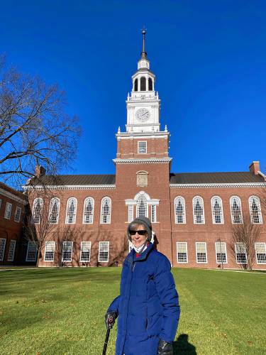 Marcia Colligan in front of Dartmouth College's Baker Library in Nov. 2020. Colligan worked for the college for 28 years in the Adminstrative Services Office. (Family photograph)