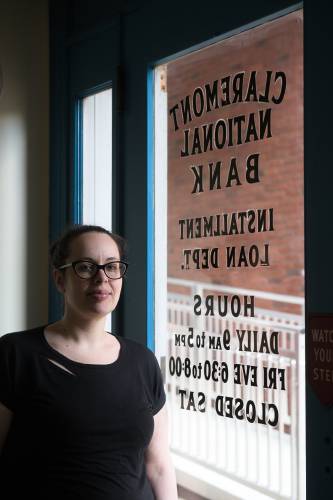 Melissa Richmond, photographed at the former Claremont (N.H.) National Bank building on Tuesday, May 28, 2024, is the founder and executive director of the West Claremont Center for Music and the Arts. In partnership with the Claremont Development Authority, which owns the building, Richmond is leading a renovation of the building into a permanent home for her organization. (Valley News - James M. Patterson) Copyright Valley News. May not be reprinted or used online without permission. Send requests to permission@vnews.com.