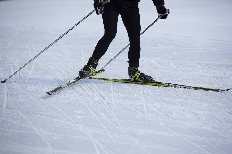 Olivia Moehl, of Hanover, N.H., skis on the Snow Making Loop at Oak Hill Outdoor Center in Hanover on Thursday, March 21, 2024. The new ski trail is “a pretty phenomenal resource,” Moehl said. (Valley News / Report For America - Alex Driehaus) Copyright Valley News. May not be reprinted or used online without permission. Send requests to permission@vnews.com.
