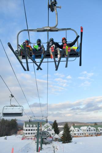 Skiers on the main chair lift  at Ragged Mountain ski area in Danbury, N.H., on  Thursday, Dec.6,2018.(Valley News - Rick Russell) Copyright Valley News. May not be reprinted or used online without permission. Send requests to permission@vnews.com.