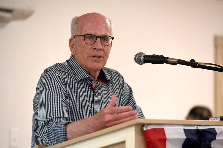 On Tuesday, June 27, 2023, in White River Junction, Vt., U.S. Sen. Peter Welch, D-Vt., addresses a crowd celebrating ECFiber's mission to build out broadband in 23 rural Vermont towns.  (Valley News - Jennifer Hauck) Copyright Valley News. May not be reprinted or used online without permission. Send requests to permission@vnews.com.