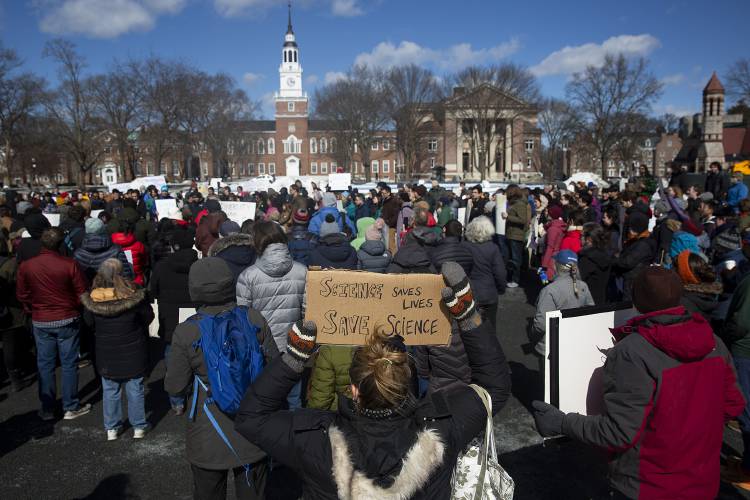 Hilarie Warren, center, of Hartford, Vt., who works in public health, holds a sign while listening to speakers during a Stand Up for Science protest on the Dartmouth Green in Hanover, N.H., on Friday, March 7, 2025. Coordinated rallies were organized nationwide, with the policy goals of ending censorship and political interference in science, securing and expanding scientific funding, and defending diversity, equity, inclusion and accessibility in science. (Valley News - Alex Driehaus)
