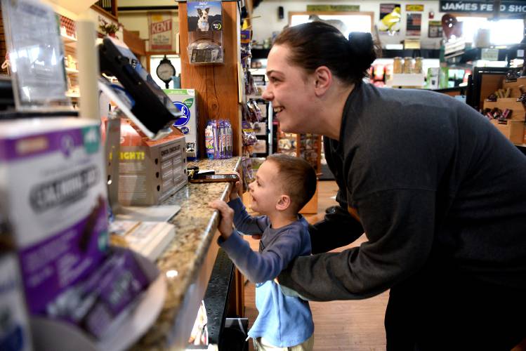 Taylor Hackett of Hartford, Vt., holds her son Tyler Nott up to look at the 20 chicks they are picking up at West Lebanon Feed & Supply on Thursday, April 3, 2025, in West Lebanon, N.H.  (Valley News-Jennifer Hauck)