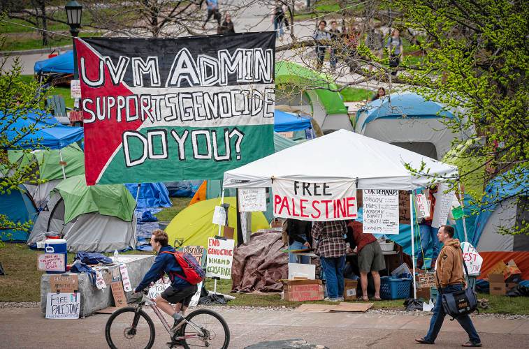 Protesters occupy a Palestinian solidarity encampment at the University of Vermont in Burlington on April 30, 2024. (VtDigger - Glenn Russell)