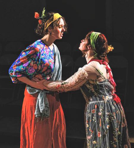 Antigone, played by Bridgette Hammond, pleads with her sister Ismene, portrayed by Julianne Borger, in the BarnArts production of Sophokles' 
