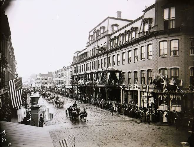 President Benjamin Harrison rode past Brattleboro’s Brooks House in August 1891. (Courtesy Brattleboro Historical Society)