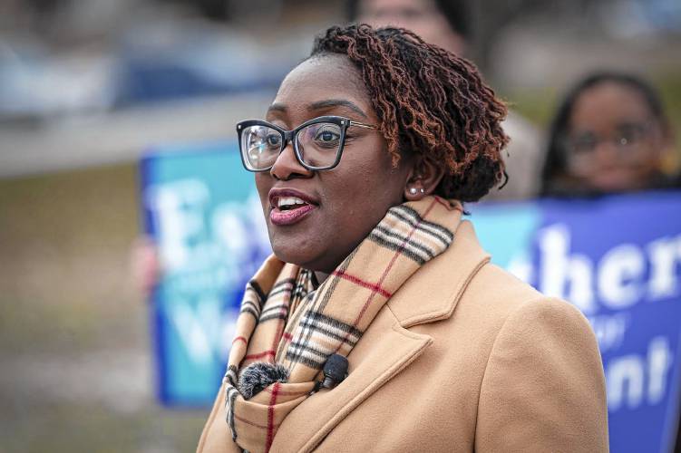 “Vermont is changing, change is coming, and we must Esther Charlestin announces her candidacy for governor of Vermont at the Statehouse in Montpelier on Friday, Jan. 5, 2024. (VtDigger - Glenn Russell)
