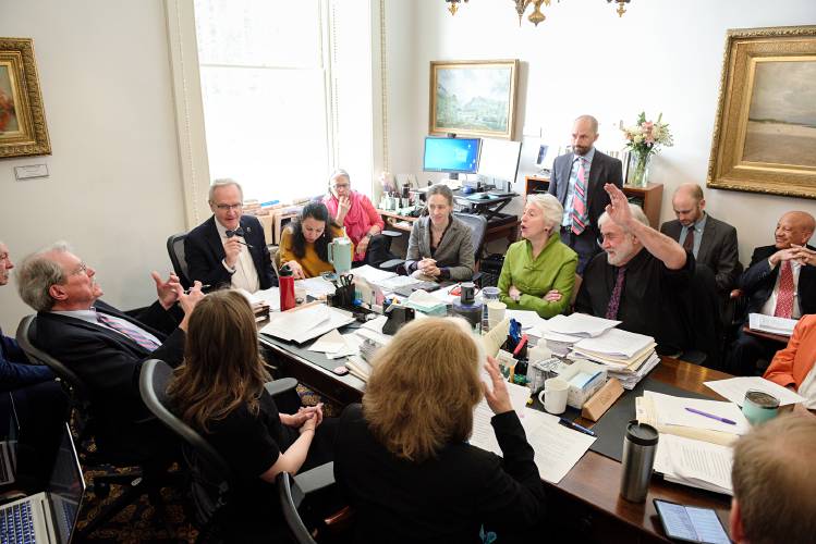 Sen. Dick McCormack, D-Windsor, of Bethel, 76, raises his hand to speak during debate over the language in H. 687, a bill that would make changes to Act 250, during a joint meeting of the Senate Economic Development and Natural Resources and Energy committees in Montpelier, Vt., on Friday, May 10, 2024. On his final day in the body, McCormack identified climate change as the overarching issue for legislators moving forward. “Whatever your issue is, climate is requisite to taking care of it,” he said. (Valley News - James M. Patterson) Copyright Valley News. May not be reprinted or used online without permission. Send requests to permission@vnews.com.