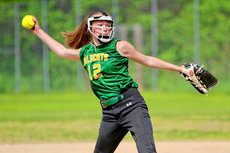 White River Valley High pitcher Vanessa Crawford delivers against Windsor during the Vermont Division III teams' May 25, 2024, game in South Royalton, Vt. White River Valley rallied for a 15-12 victory. (Valley News - Tris Wykes) Copyright Valley News. May not be reprinted or used online without permission. Send requests to permission@vnews.com. 