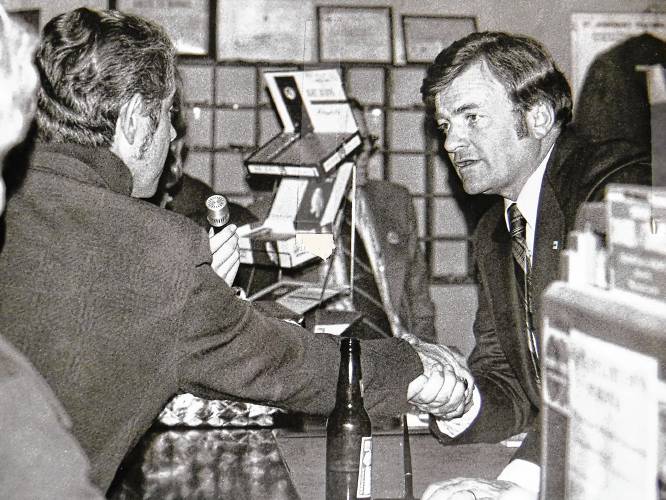 Tom Salmon, pictured on the campaign trail in the 1970s, died Tuesday, Jan. 14, 2025. (VtDigger archive photograph)