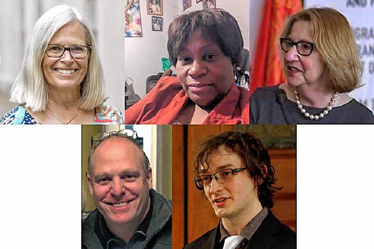 Lebanon City Council candidates, top row, from left: Lori Key, Carline Roberge and Laurel Stavis. Bottom row: Paul Roberts, left, and Devin Wilkie. (Courtesy photographs)