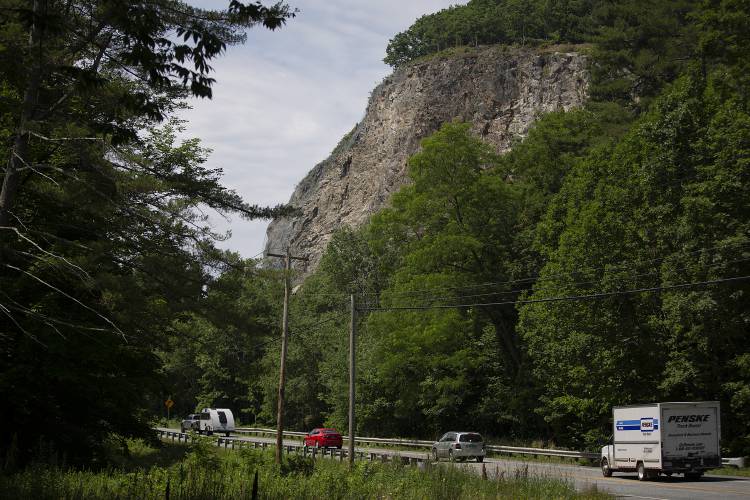 Traffic flows southbound on Route 5, diverted from a closed six-mile stretch of I-91 between Bradford, Vt., and Fairlee, Vt., on Friday, July 5, 2024. Construction crews are working to stabilize a rock face alongside the interstate that partially collapsed in February, closing southbound lanes and implementing rolling roadblocks in the northbound lanes for the duration of the project. (Valley News - Alex Driehaus) Copyright Valley News. May not be reprinted or used online without permission. Send requests to permission@vnews.com.
